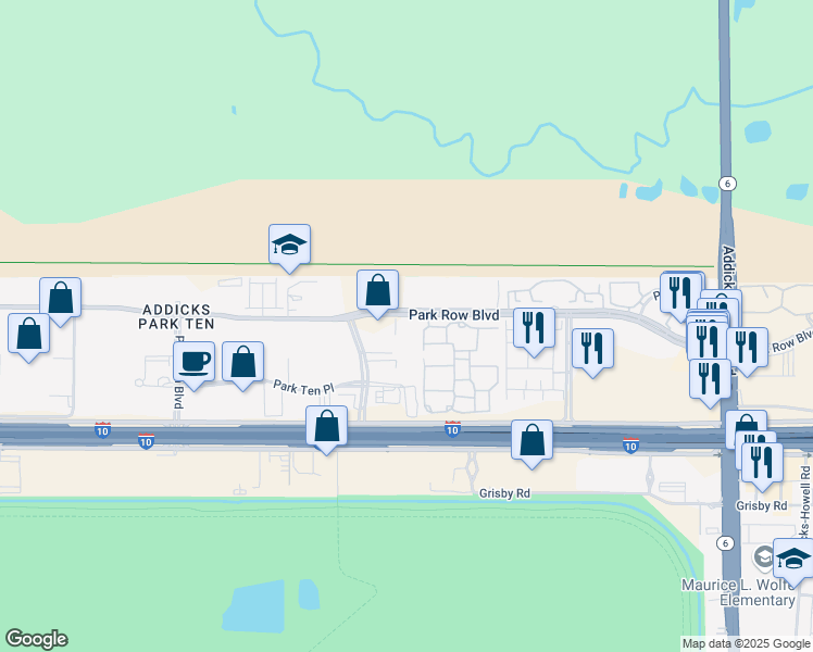 map of restaurants, bars, coffee shops, grocery stores, and more near 15721 Park Row Drive in Houston