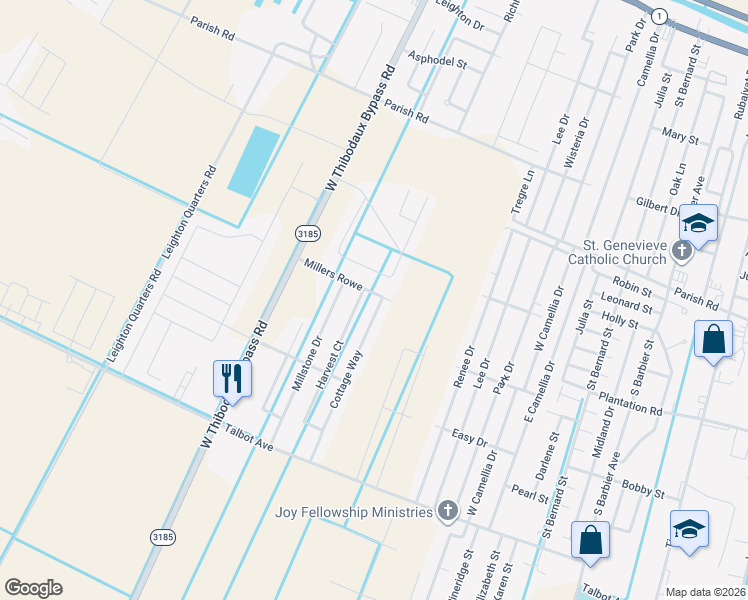 map of restaurants, bars, coffee shops, grocery stores, and more near 293 Cottage Way in Thibodaux
