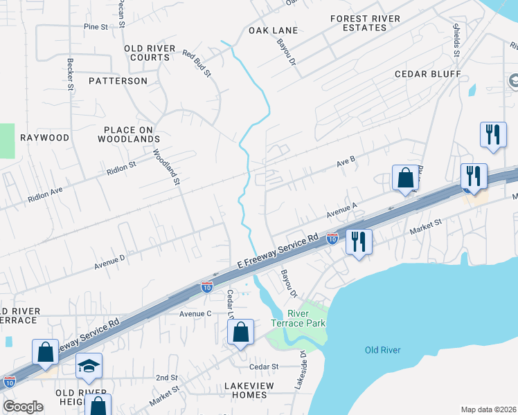 map of restaurants, bars, coffee shops, grocery stores, and more near 414 Bayou Drive in Channelview