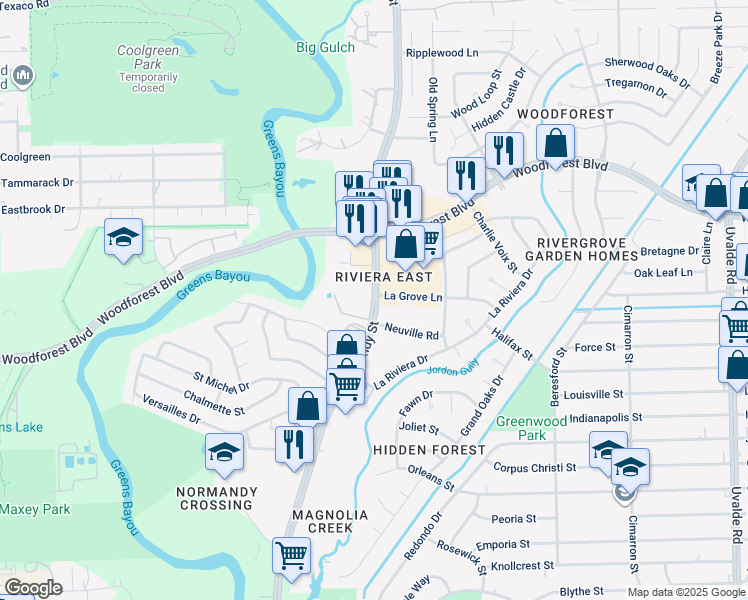 map of restaurants, bars, coffee shops, grocery stores, and more near 563 Normandy Street in Houston