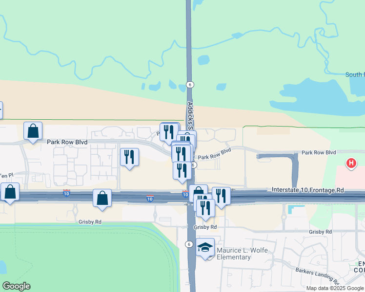 map of restaurants, bars, coffee shops, grocery stores, and more near 14810 Park Row in Houston