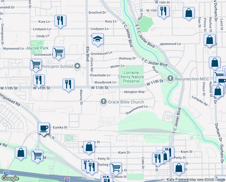 map of restaurants, bars, coffee shops, grocery stores, and more near 2501 West 11th Street in Houston