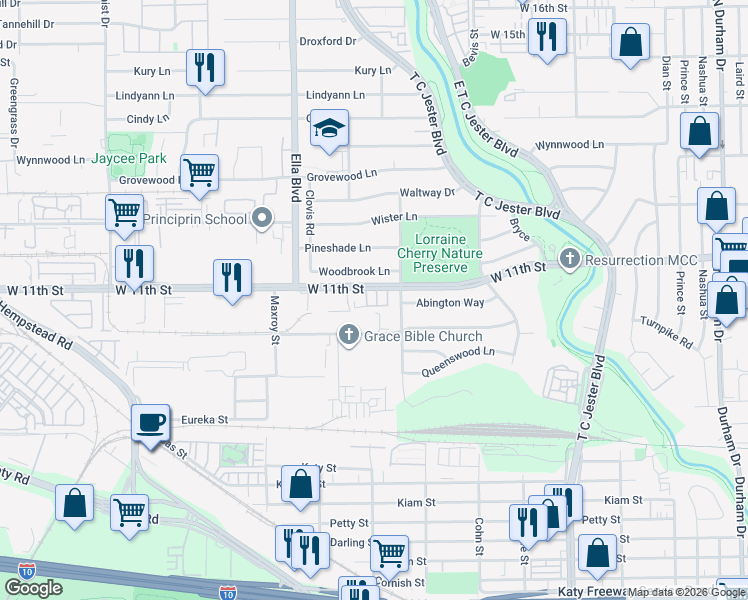 map of restaurants, bars, coffee shops, grocery stores, and more near 2501 West 11th Street in Houston