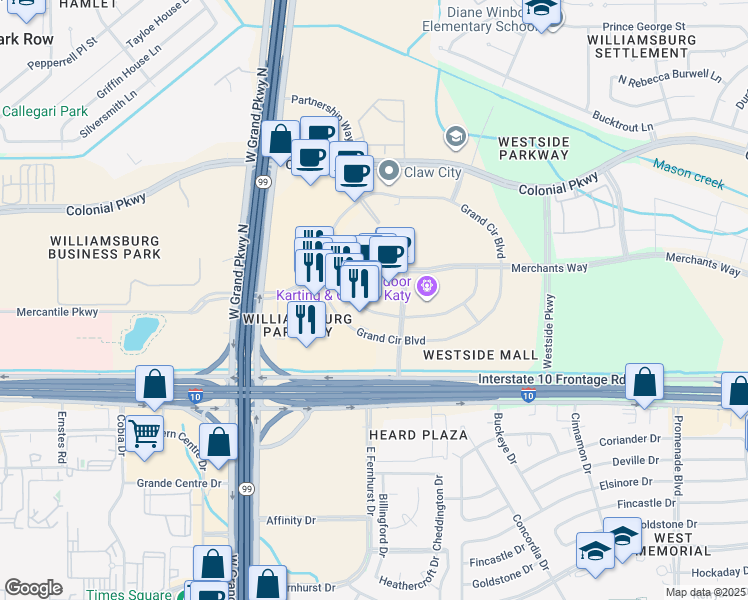 map of restaurants, bars, coffee shops, grocery stores, and more near 1207 Grand West Boulevard in Katy