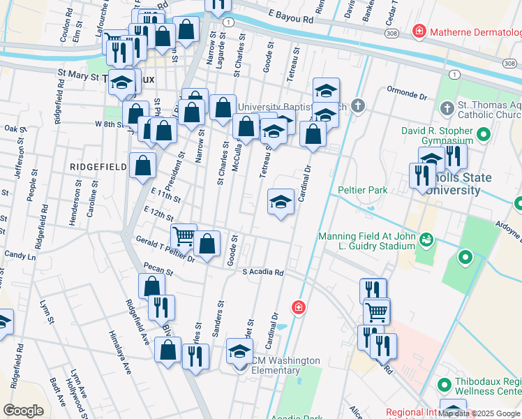 map of restaurants, bars, coffee shops, grocery stores, and more near 741 Tetreau Street in Thibodaux