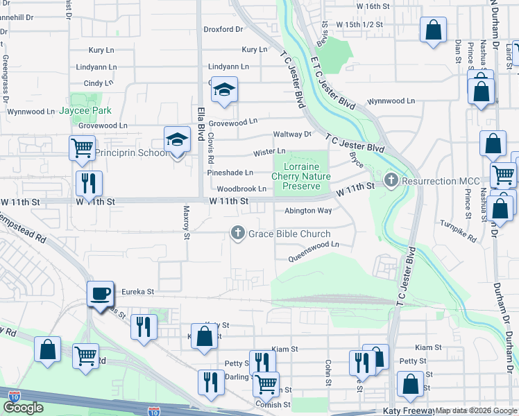map of restaurants, bars, coffee shops, grocery stores, and more near 2501 West 11th Street in Houston