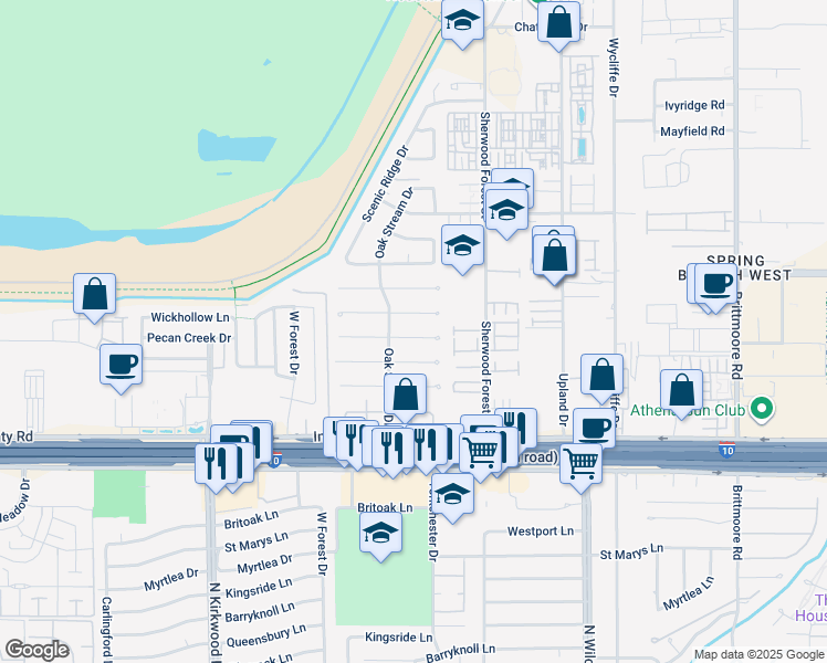 map of restaurants, bars, coffee shops, grocery stores, and more near 11315 Valley Stream Drive in Houston