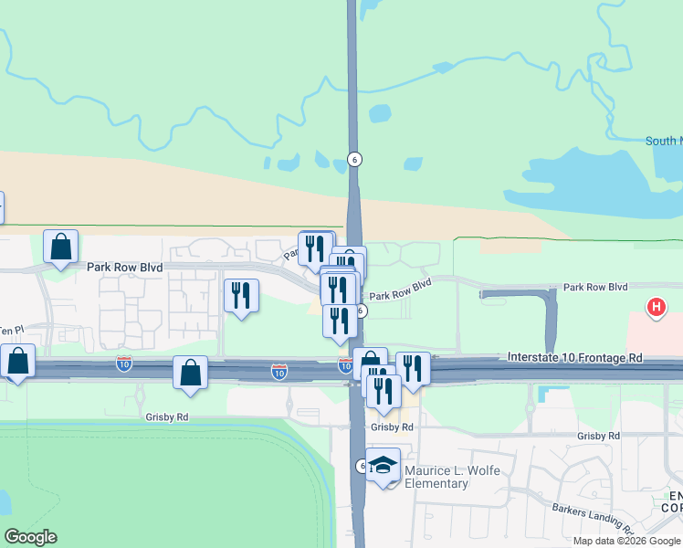 map of restaurants, bars, coffee shops, grocery stores, and more near 14810 Park Row in Houston
