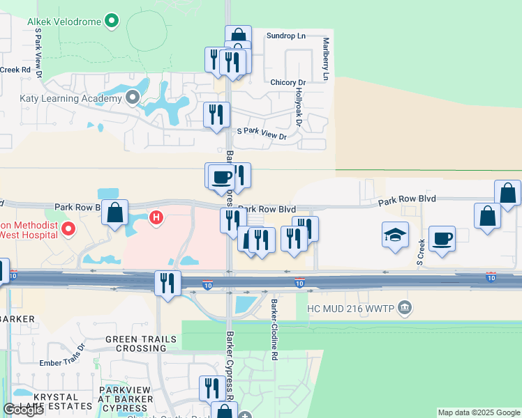 map of restaurants, bars, coffee shops, grocery stores, and more near 17305-17353 Park Row Drive in Houston