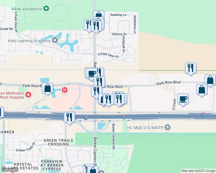 map of restaurants, bars, coffee shops, grocery stores, and more near 17325 Park Row Drive in Houston