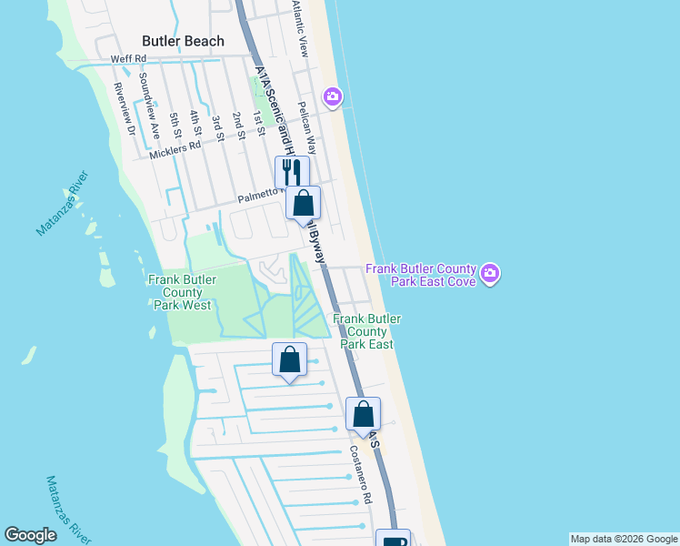 map of restaurants, bars, coffee shops, grocery stores, and more near 5725 Rudolph Avenue in St. Augustine