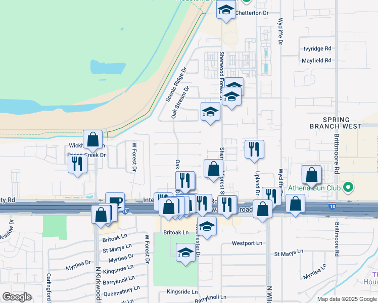 map of restaurants, bars, coffee shops, grocery stores, and more near 11315 Valley Stream Drive in Houston