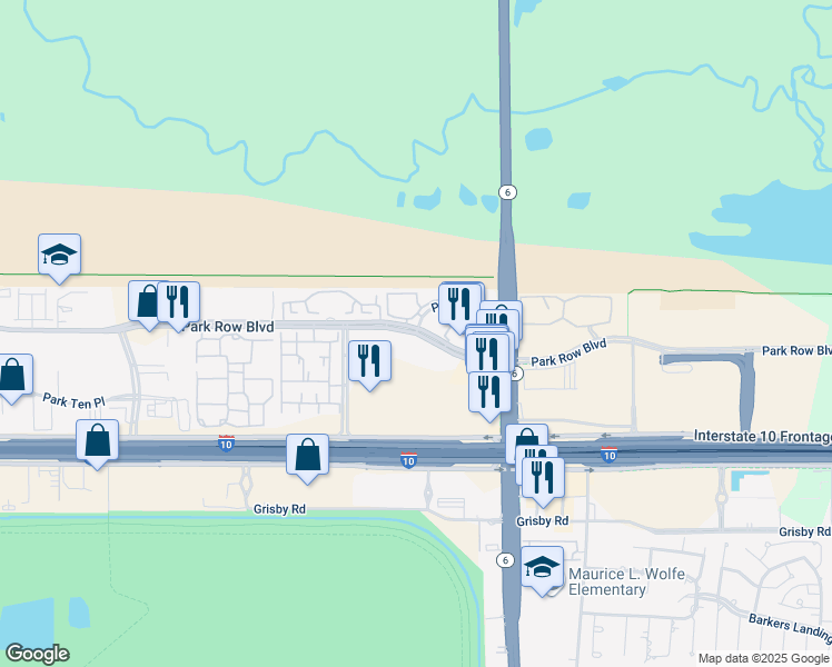 map of restaurants, bars, coffee shops, grocery stores, and more near 14973 Park Row Drive in Houston