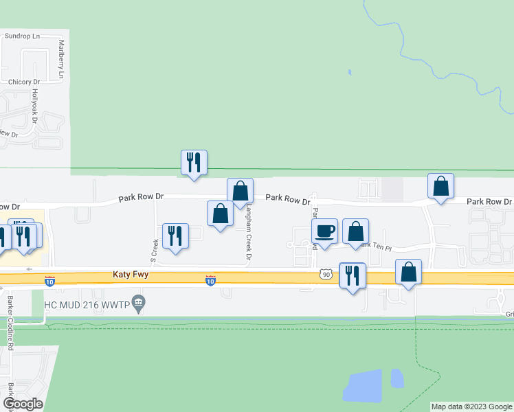map of restaurants, bars, coffee shops, grocery stores, and more near 16555 Park Row in Houston