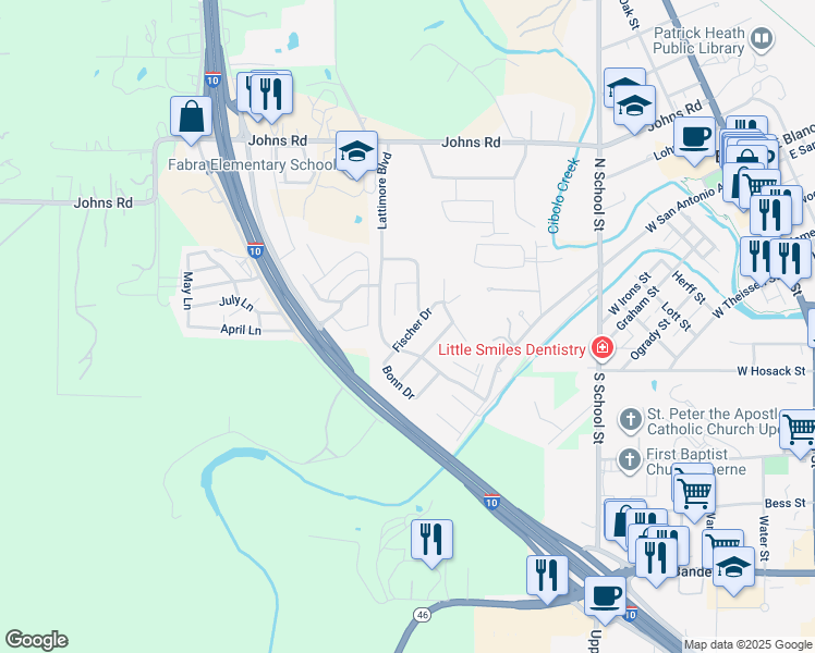 map of restaurants, bars, coffee shops, grocery stores, and more near 220 Fischer Drive in Boerne