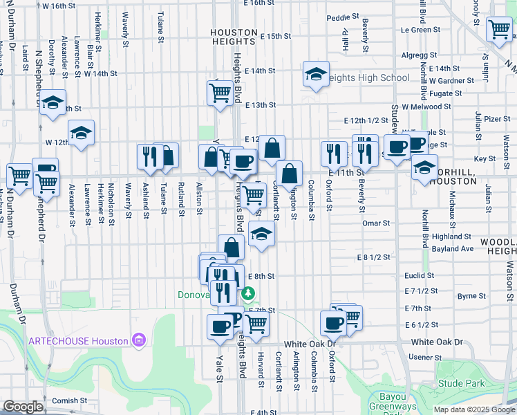 map of restaurants, bars, coffee shops, grocery stores, and more near 201 East 10th Street in Houston