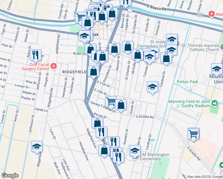 map of restaurants, bars, coffee shops, grocery stores, and more near 1115 Bourbon Street in Thibodaux