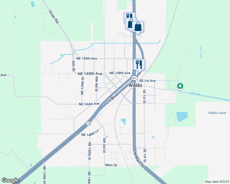 map of restaurants, bars, coffee shops, grocery stores, and more near Southwest 4th Boulevard in Waldo