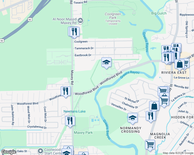 map of restaurants, bars, coffee shops, grocery stores, and more near 12411 Woodforest Boulevard in Houston