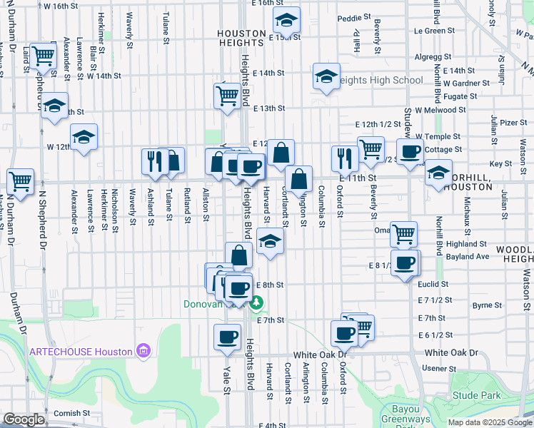 map of restaurants, bars, coffee shops, grocery stores, and more near 944 Heights Boulevard in Houston