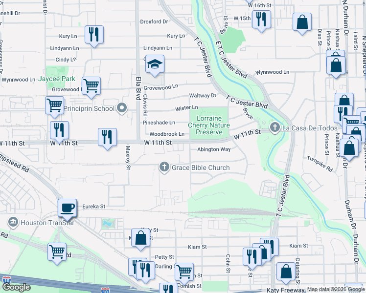 map of restaurants, bars, coffee shops, grocery stores, and more near 1019 Shirkmere Road in Houston