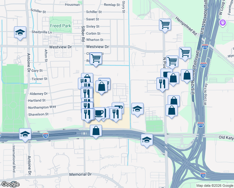 map of restaurants, bars, coffee shops, grocery stores, and more near Ravenna Country Lane in Houston