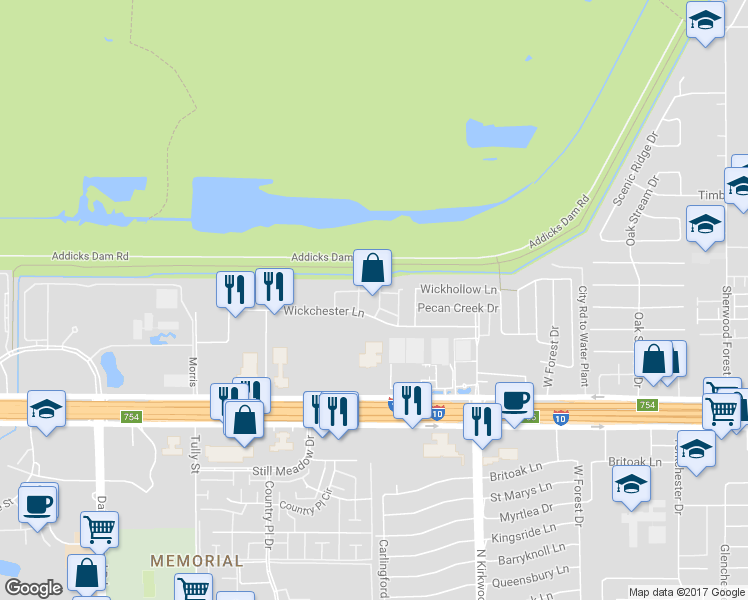 map of restaurants, bars, coffee shops, grocery stores, and more near 11900 Wickchester Lane in Houston