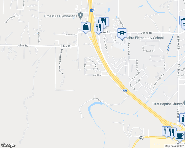 map of restaurants, bars, coffee shops, grocery stores, and more near 212 April Lane in Boerne