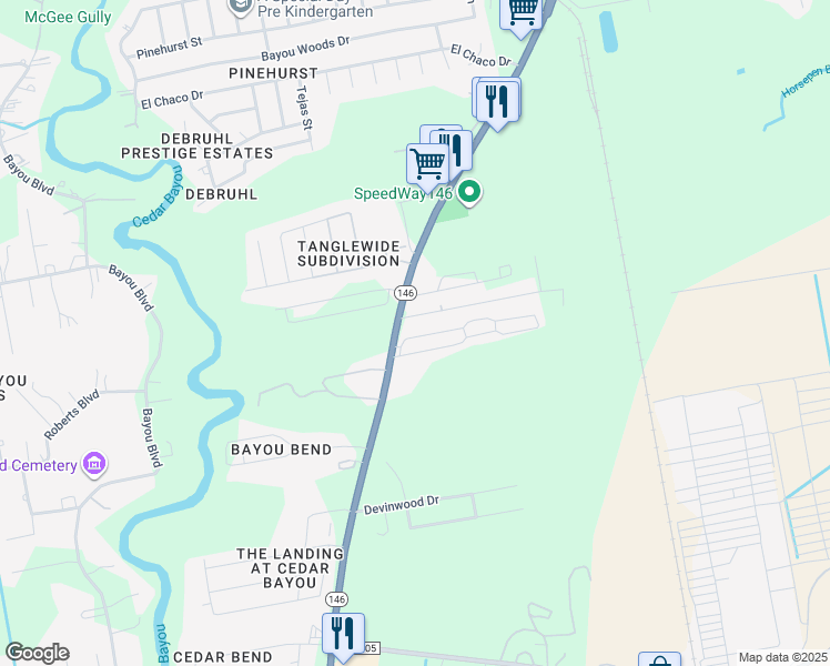 map of restaurants, bars, coffee shops, grocery stores, and more near 6310 Texas 146 in Baytown