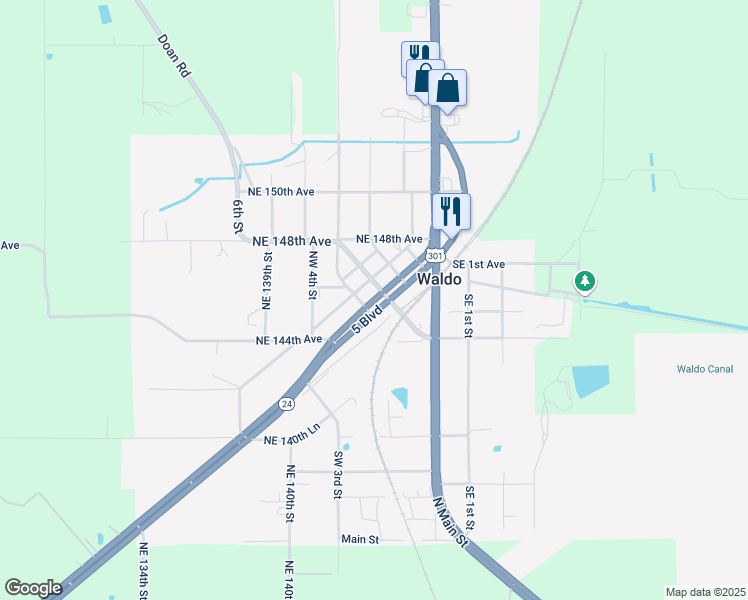 map of restaurants, bars, coffee shops, grocery stores, and more near Southwest 4th Boulevard in Waldo