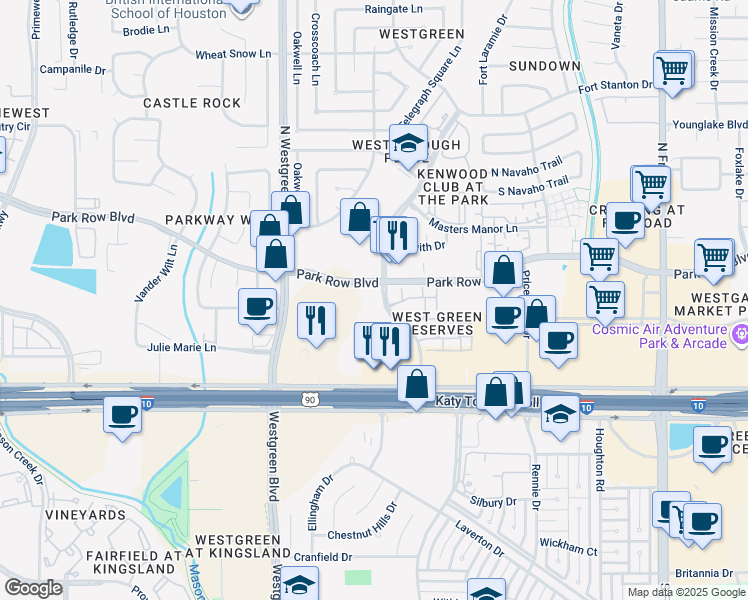 map of restaurants, bars, coffee shops, grocery stores, and more near 1549 Westborough Drive in Katy