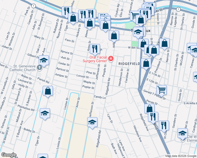 map of restaurants, bars, coffee shops, grocery stores, and more near 1030B People Street in Thibodaux
