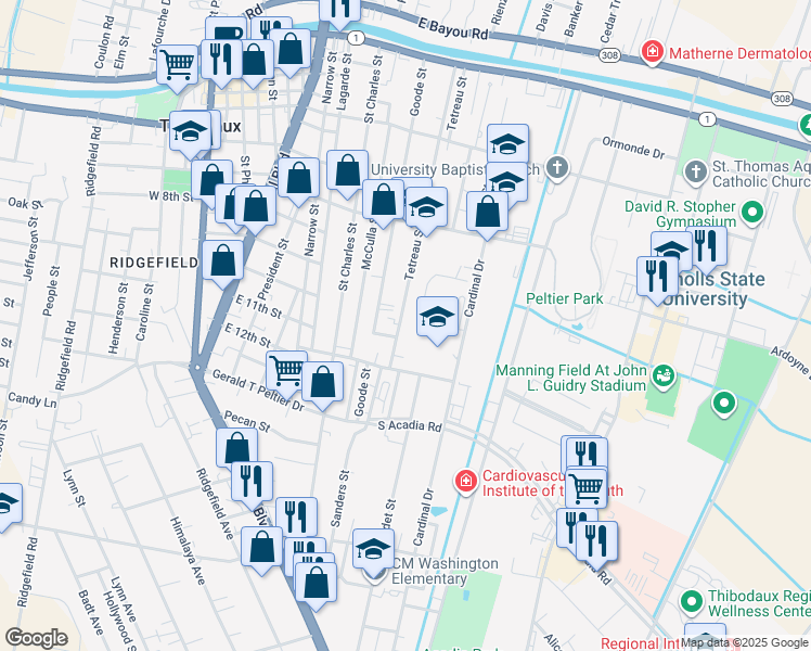 map of restaurants, bars, coffee shops, grocery stores, and more near 741 Tetreau Street in Thibodaux