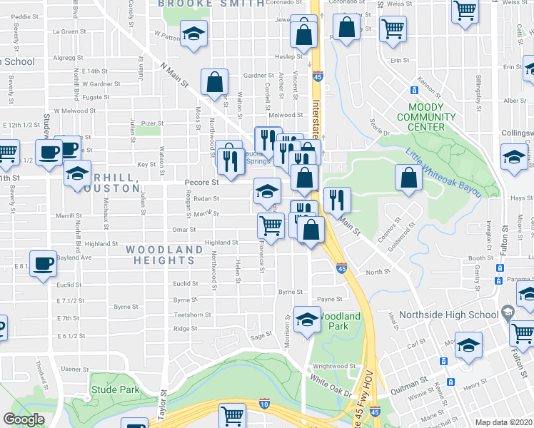 map of restaurants, bars, coffee shops, grocery stores, and more near 3311 Beauchamp Street in Houston