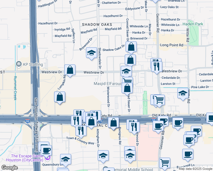 map of restaurants, bars, coffee shops, grocery stores, and more near 10310 Katy Freeway in Houston
