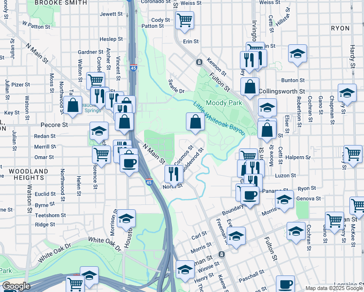 map of restaurants, bars, coffee shops, grocery stores, and more near 3220 Marigold Street in Houston