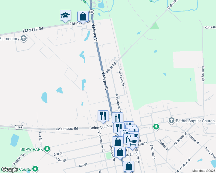 map of restaurants, bars, coffee shops, grocery stores, and more near 723 North Meyer Street in Sealy