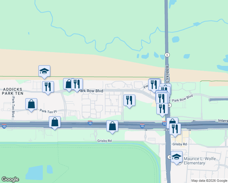 map of restaurants, bars, coffee shops, grocery stores, and more near 15211 Park Row in Houston
