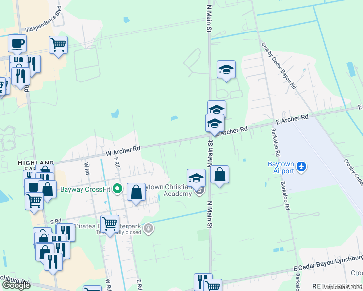 map of restaurants, bars, coffee shops, grocery stores, and more near 203 West Archer Road in Baytown