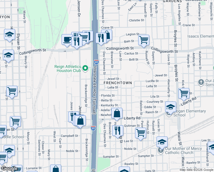 map of restaurants, bars, coffee shops, grocery stores, and more near 2929 Des Chaumes Street in Houston