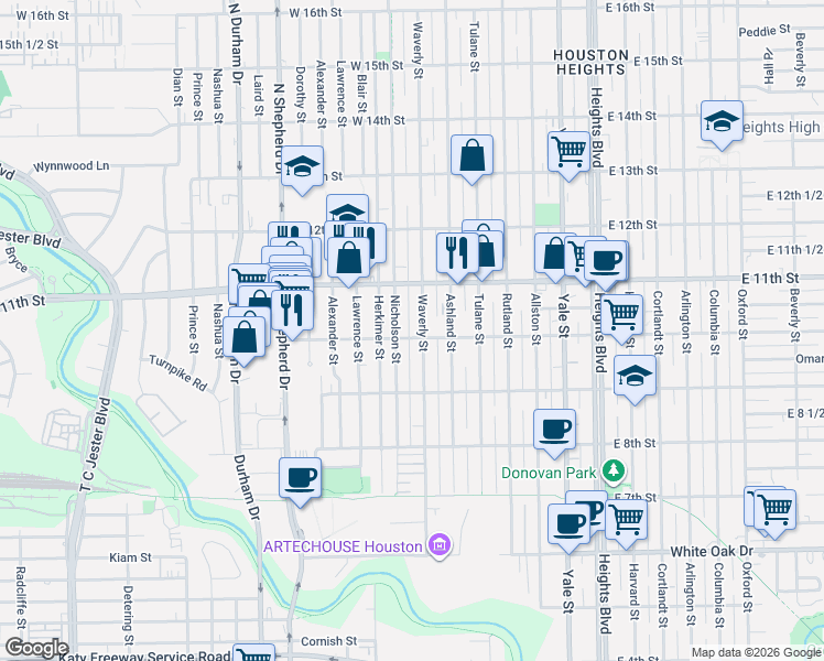 map of restaurants, bars, coffee shops, grocery stores, and more near 947 Waverly Street in Houston