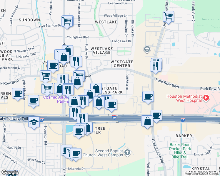 map of restaurants, bars, coffee shops, grocery stores, and more near 19440-19472 Atrium Place in Houston