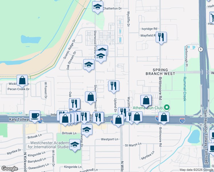 map of restaurants, bars, coffee shops, grocery stores, and more near 11003 Aspen Reserve Way in Houston
