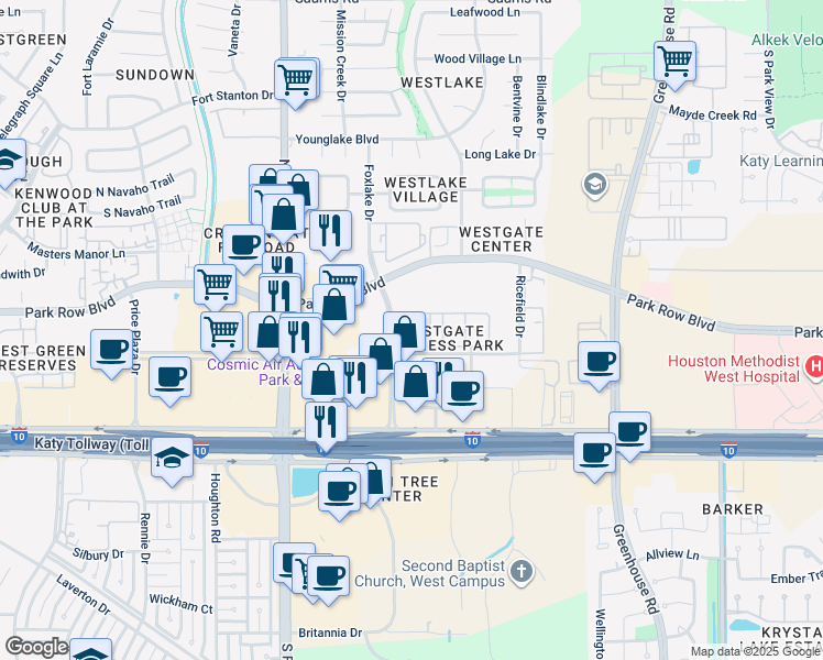 map of restaurants, bars, coffee shops, grocery stores, and more near 1550 Foxlake Drive in Houston