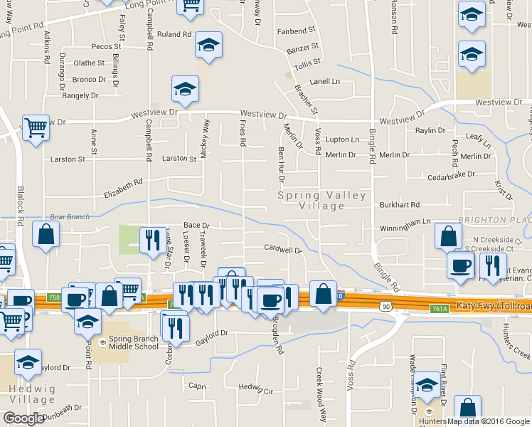 map of restaurants, bars, coffee shops, grocery stores, and more near 8802 Croes Dr in Houston