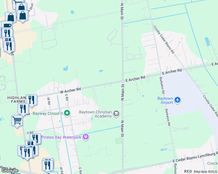 map of restaurants, bars, coffee shops, grocery stores, and more near 203 West Archer Road in Baytown