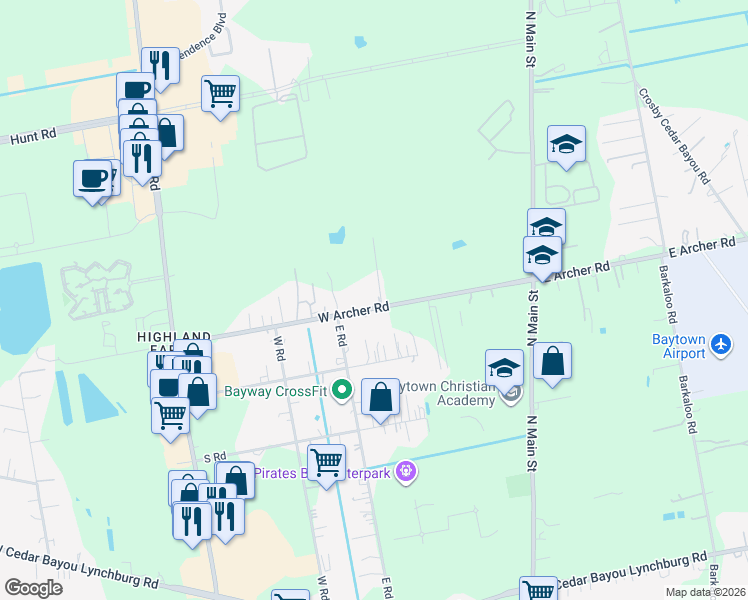 map of restaurants, bars, coffee shops, grocery stores, and more near 503 West Archer Road in Baytown