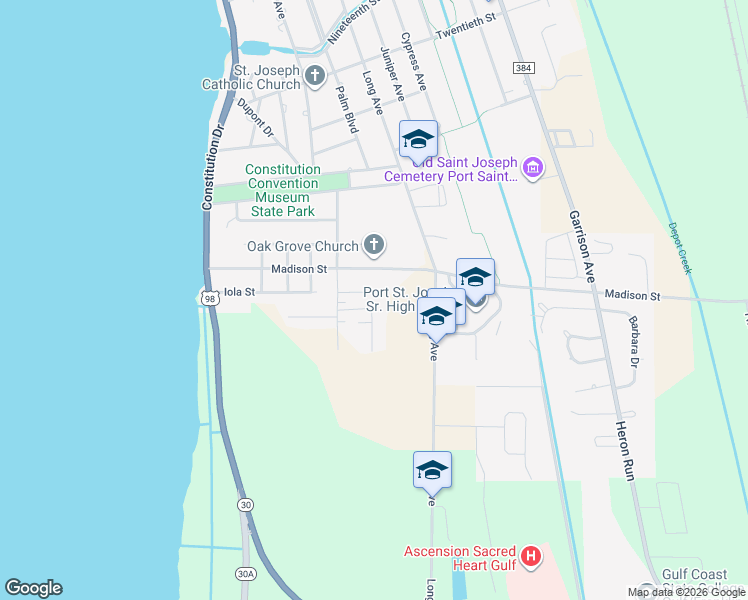 map of restaurants, bars, coffee shops, grocery stores, and more near 664 Maddox Street in Port Saint Joe