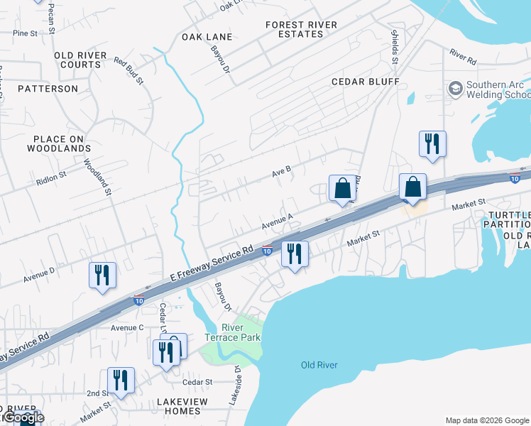 map of restaurants, bars, coffee shops, grocery stores, and more near 16830 Avenue A in Channelview