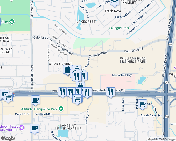 map of restaurants, bars, coffee shops, grocery stores, and more near 1222 Park West Green Drive in Katy